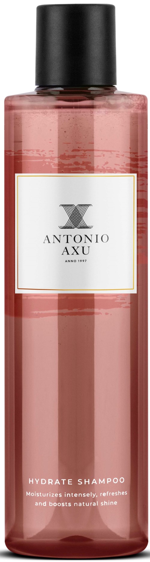 Vaaleanpunainen Antonio Axu Hydrate Shampoo -pullo mustalla korkilla ja valkoisella etikettillä. Se kosteuttaa hiuksia ja lisää kiiltoa.