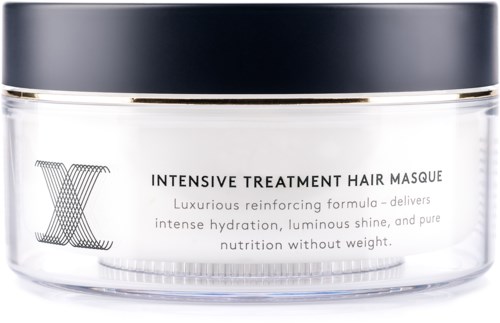 Eine klare Dose mit Haarmaske, schwarzer Deckel, gekennzeichnet "Intensive Treatment Hair Masque" für Feuchtigkeit und Glanz.