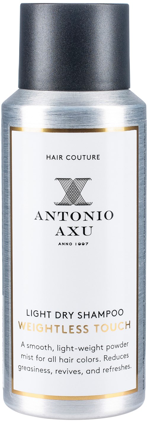Eine silberne Flasche mit schwarzem Deckel, etikettiantio Axu Light Dry Shampoo, für ein leichtes, schwereloses Gefühl.