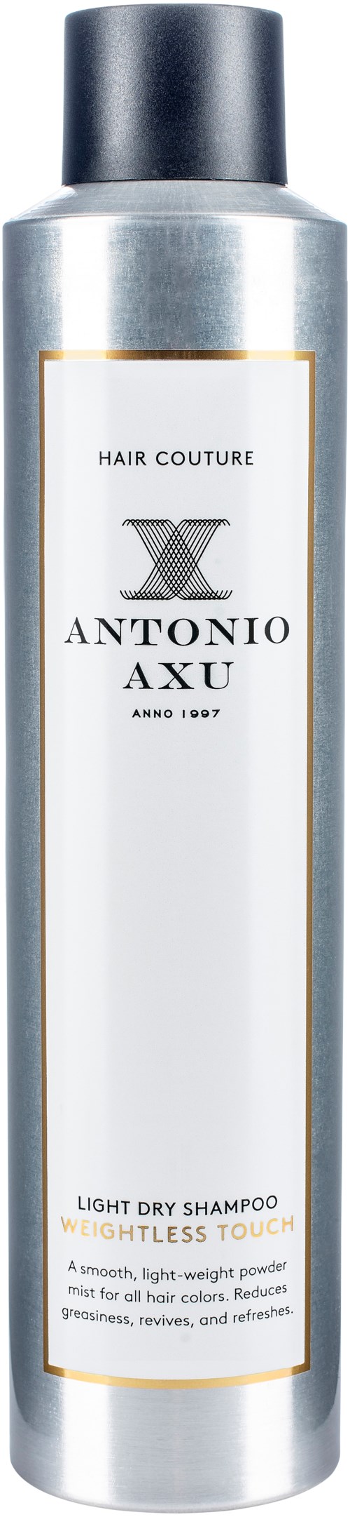 Pitu Metallinen pullo mustalla kannella, merkinnällä Antonio Axu kevyt kuiva shampoo kaikille hiustyypeille.