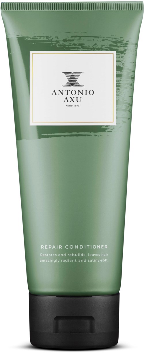 Groene tube van Antonio Axu Repair Conditioner met zwarte dop, gelabeld voor haarherstel en veiligheid.