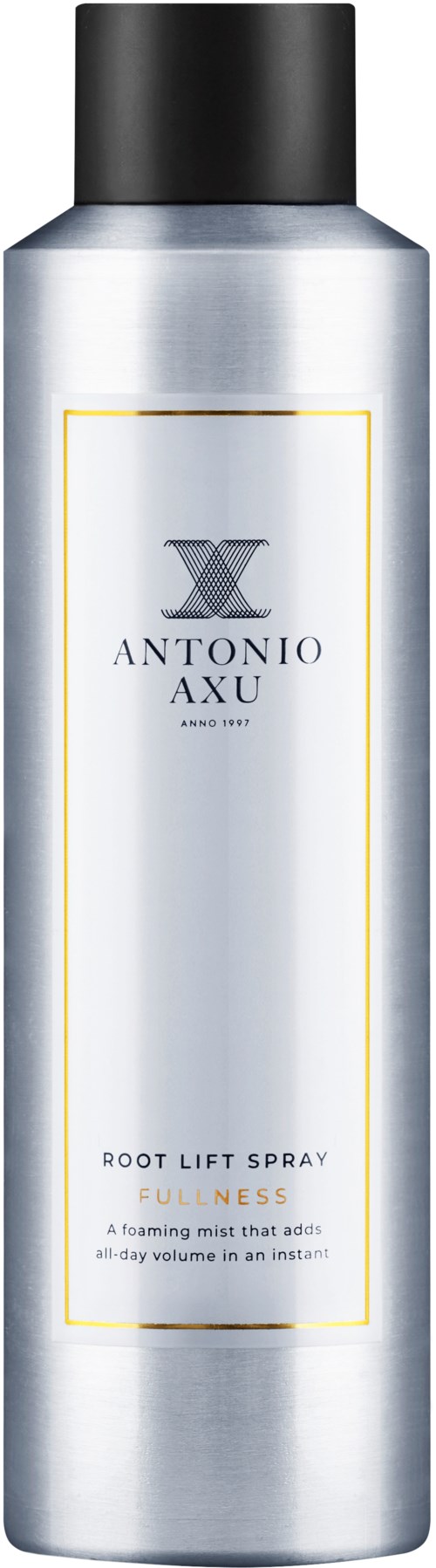 Eine silberne Flasche mit schwarzem Deckel, gekennzeichnet Antonio Axu Root Lift Spray, für Haarstyling.