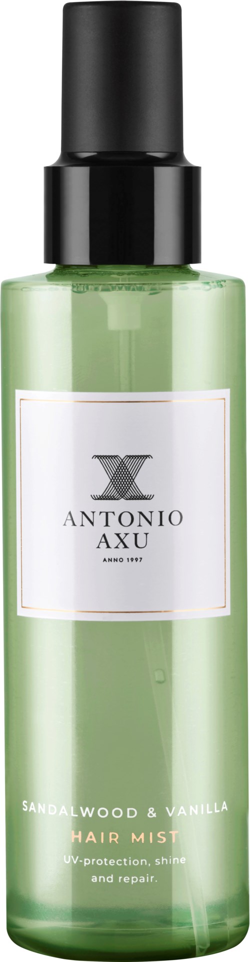 A green spray bottle with a black cap labeled 'Antonio Axu' for hair mist with sandalwood and vanilla scent.