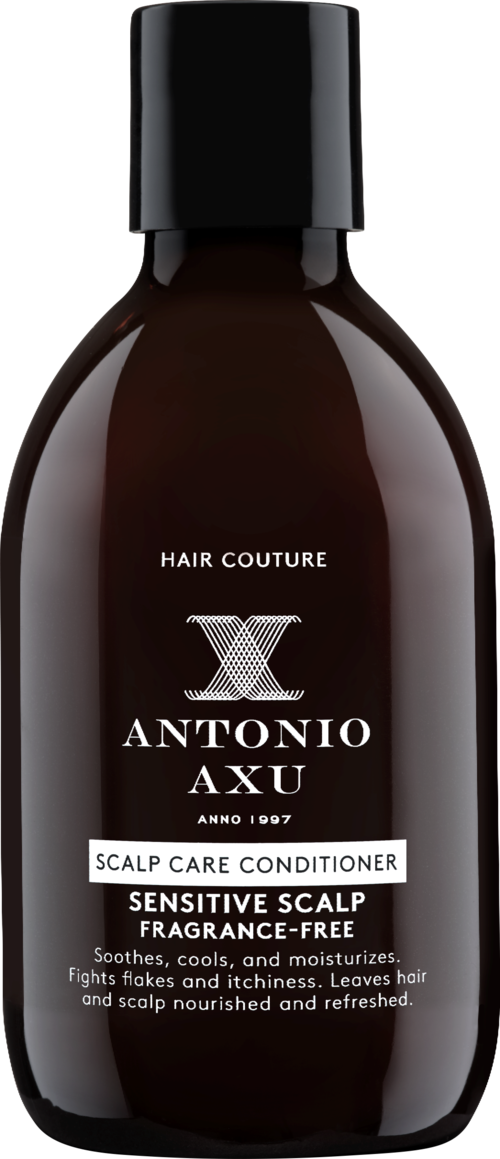 Dunkelbraune Flasche mit schwarzem Deckel, beschriftet Antonio Axu Kopfhautpflege-Conditioner für empfindliche Kopfhaut.