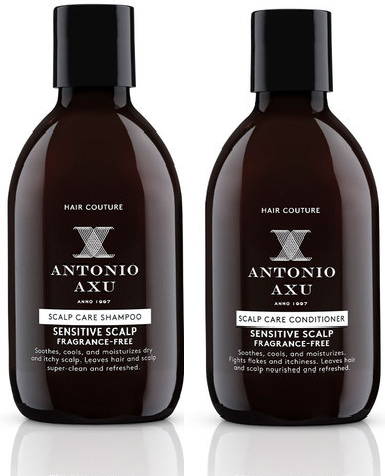 Zwei braune Flaschen mit 'Hair Couture' für Kopfhautpflege, Shampoo und Conditioner, für empfindliche Kopfhaut.