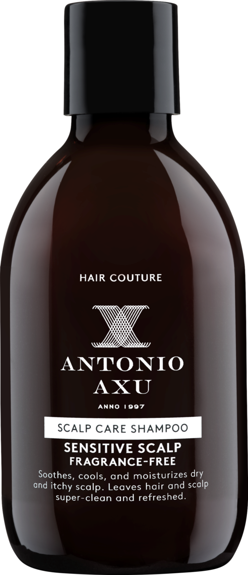 Eine braune Flasche Antonio Axu Kopfhautpflege-Shampoo mit schwarzem Deckel, ohne Duftstoff für empfindliche Kopfhaut.