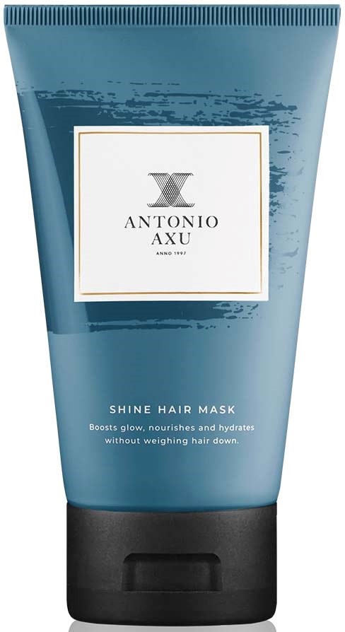 Blaue Haarmaske Tube mit Label, Text zur Steigerung von Glanz und Hydratation, und schwarzer Verschluss.