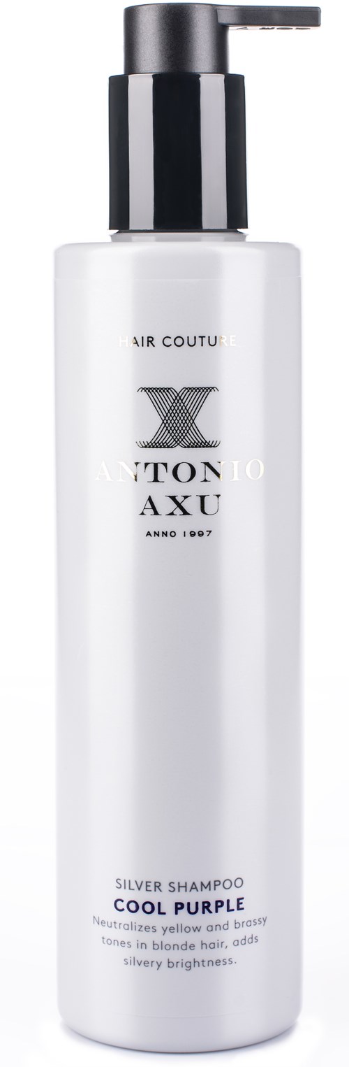Eine weiße Flasche mit schwarzem Pumpkopf, beschriftet als Silber-Shampoo mit kühlem Lila-Ton für blondes Haar.