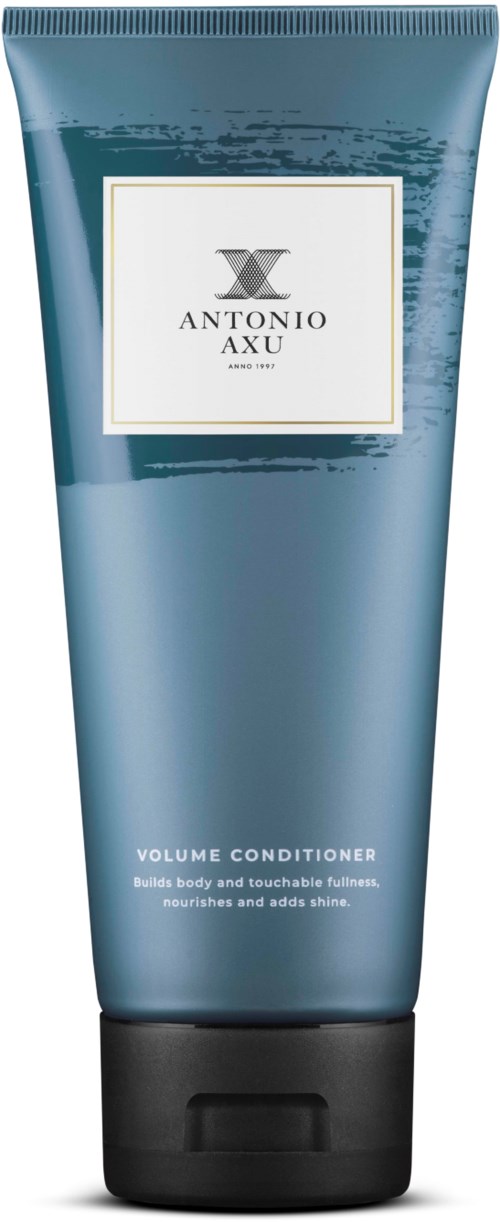 A blue tube labeled Antonio Axu Volume Conditioner, designed to nourish and add shine to hair.