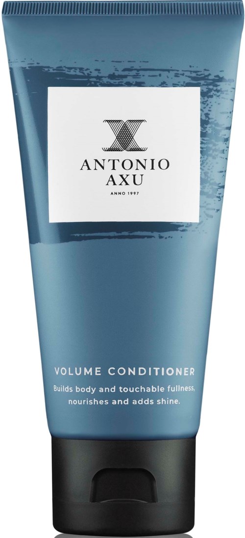 Eine blaue Tube mit Antonio Axu Volumen Conditioner mit schwarzem Deckel, sagt, dass sie Volumen aufbaut, Glanz verleiht und Haare pflegt.