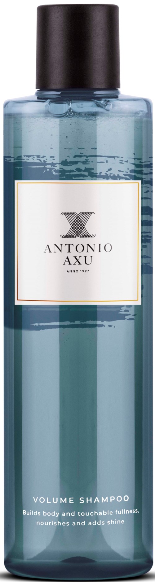 Eine lange blaue Flasche mit schwarzem Deckel, gekennzeichnet Antonio Axu, Volume Shampoo, für Haarpflege.