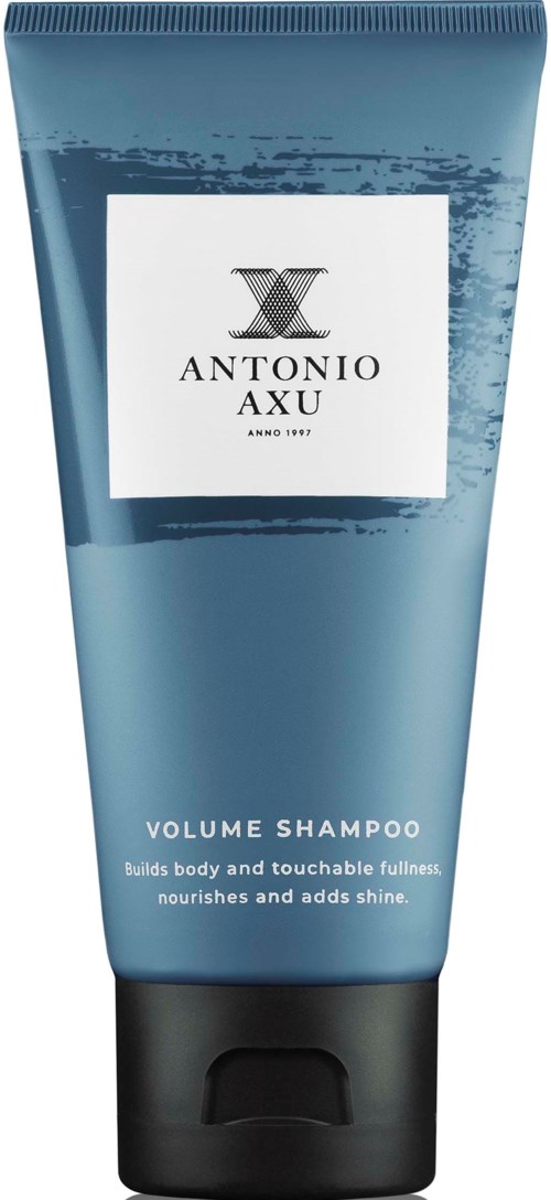 Eine blaue Tube mit Antonio Axu Volume Shampoo und schwarzem Deckel, um Volumen und Glanz zu schaffen.