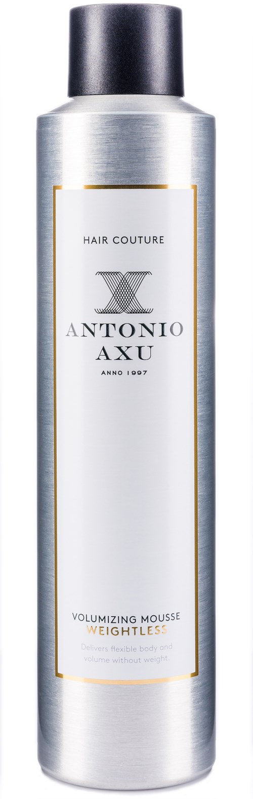 A silver cylindrical bottle with a black cap, labeled as Antonio Axu volumizing mousse.