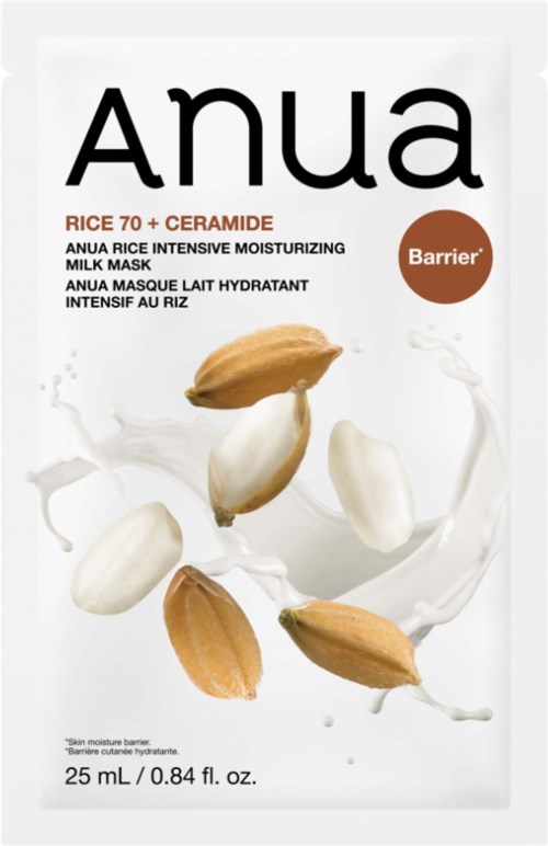 Emballasje for Anua Rice Intensive Moisturizing Milk Mask med ris og ceramide, 25 ml. Illustrasjon av riskorn og melk.