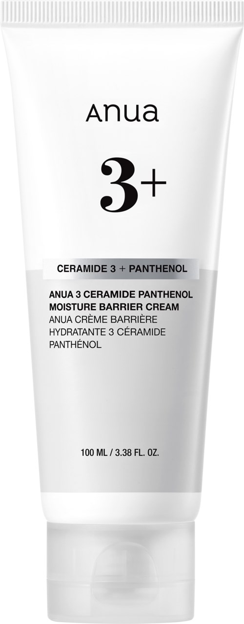 Een witte tube met de tekst 'ANUA 3+ Ceramide Panthenol Moisture Barrier Cream.'