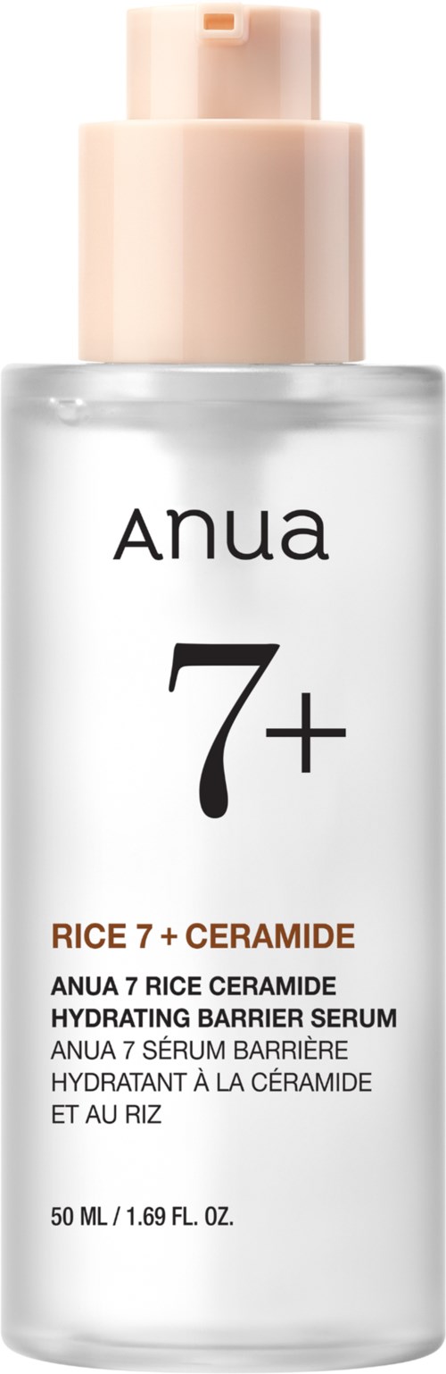 Een doorzichtige serumfles met een beige pomp en de tekst 'Anua 7+ Rice Ceramide Hydrating Barrier Serum'.
