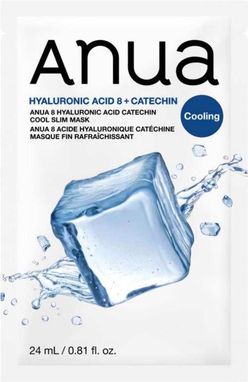 Anua återfuktande mask med hyaluronsyra och catechin, med en kylande is- och vattensplash.