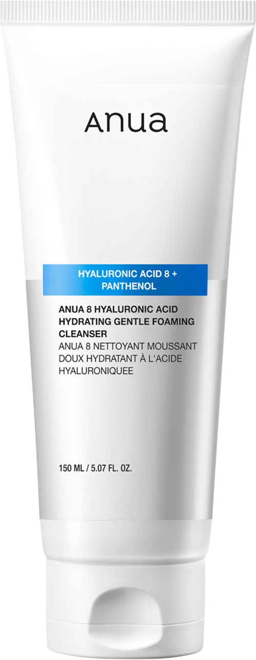 Een witte tube met ANUA gezichtsreiniging, blauw en zwart tekst, vermeldt ingrediënten en grootte, voor huidverzorging.