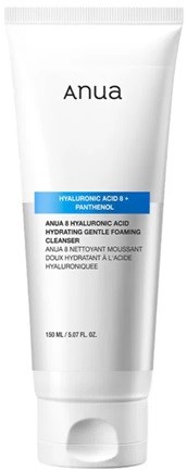 Vit tub med Anua Hydrating Gentle Foaming Cleanser, blå etikett och svart text.