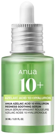 Grön dropperflaska med Anua 10+ Azelainsyra och Hyaluronsyra Serum med vit text. Skogsgrönt förpackning.