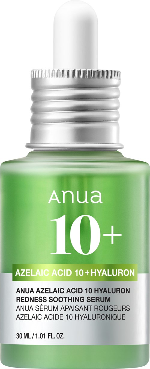 Een groene serumfles met een witte druppelaar en zilveren dop, gelabeld met Anua en vermeldt 10+ hyaluronzuur.