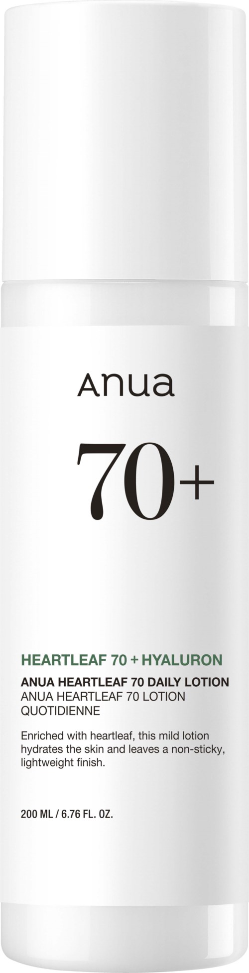 Een witte fles met label 'ANUA 70+ HEARTLEAF 70 DAILY LOTION' voor huidverzorging, met groene tekst die ingrediënten aangeeft.