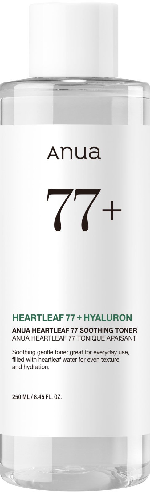 Een doorzichtige fles toner met witte label, zwarte tekst en witte dop, genaamd ANUA Heartleaf 77+.