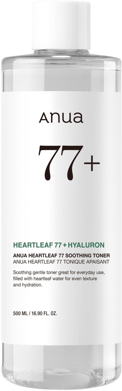 Eine weiße Flasche von Anua Heartleaf beruhigendes Toner mit 77% Inhaltsstoffen.