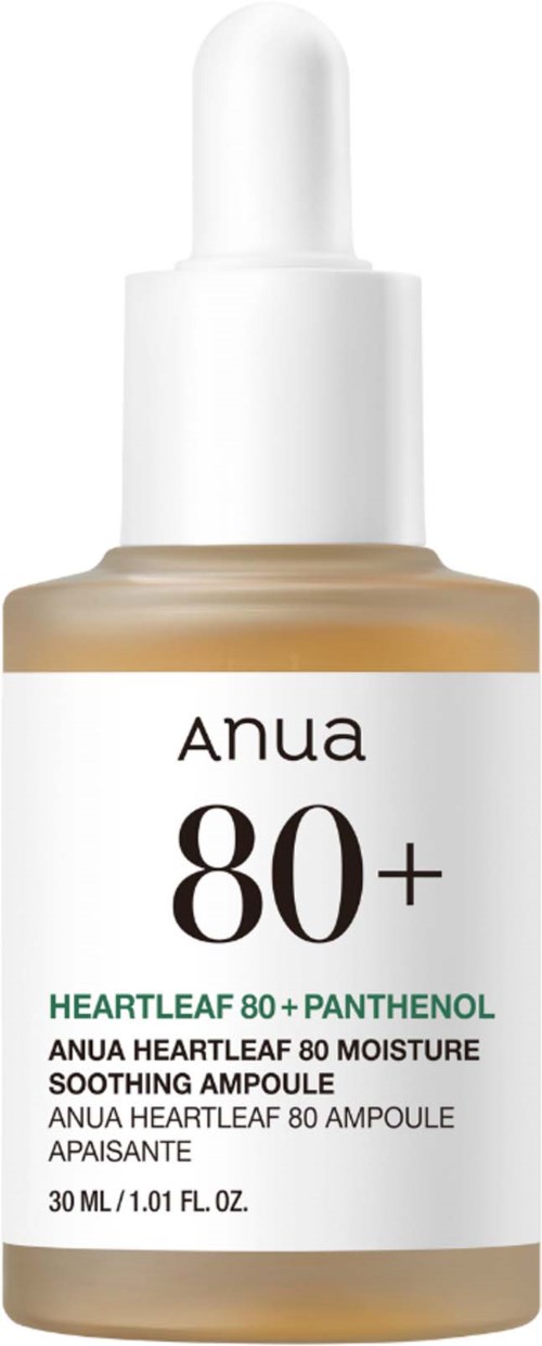 En hudpleiefleske med hvit pipettekork, merket Anua Heartleaf 80+ Moisture Soothing Ampoule.