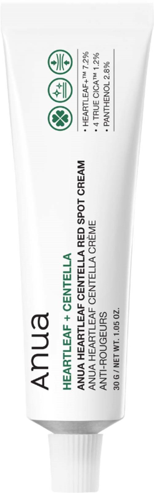 En vit tub av Anua Heartleaf Centella Red Blemish Spot Cream med grön och svart text, står upprätt.