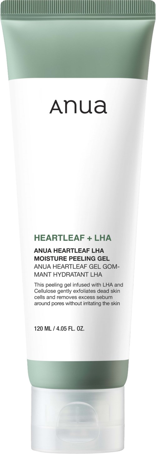 Een tube van ANUA Heartleaf + LHA Peeling Gel met groen en wit ontwerp, 120ml.