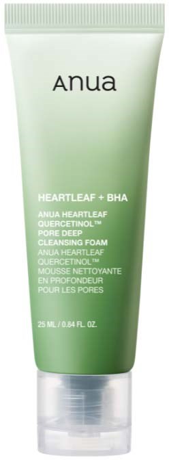 A green and white tube of Anua Heartleaf BHA Pore Deep Cleansing Foam with a silver cap.