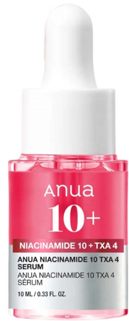 Rosaböljefläsk med vit topp som visar Anua 10+ Niacinamide och TXA 4 etiketter.