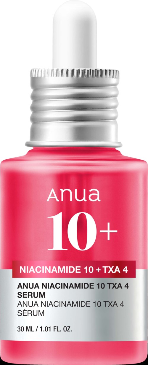 Een roze serumfles met label Anua 10+ Niacinamide 10 + TXA 4, met pipetdop.