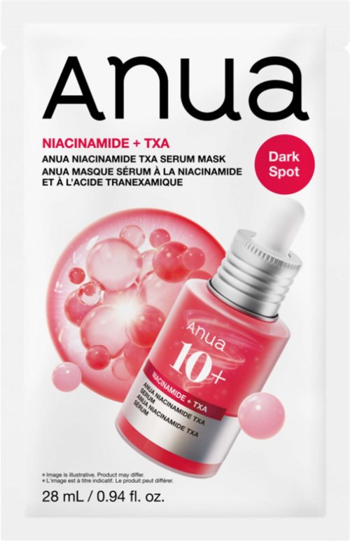 Pink serum bottle with a white cap and dropper, labeled Anua 10+ Niacinamide + TXA, on a white background.