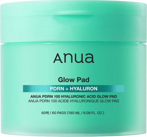 En grønn beholder med Anua Glow Pad med 60 pads for hudfukting. Merket viser ingrediensene PDRN og hyaluronsyre.