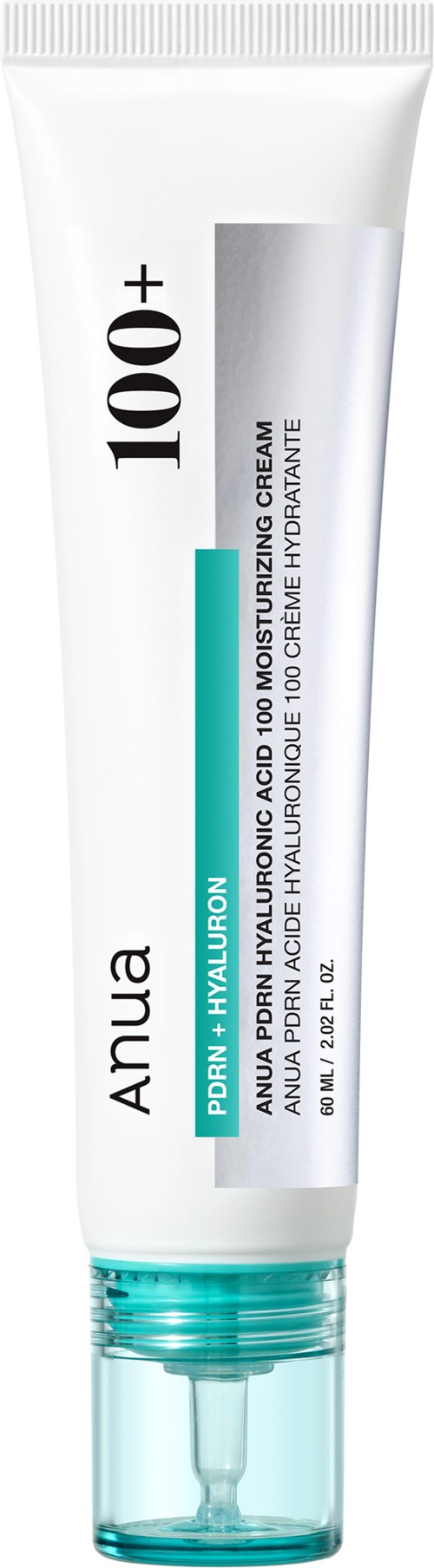 Een witte tube met Anua vochtinbrengende crème met blauwe en zwarte tekst en een doorzichtige dop.