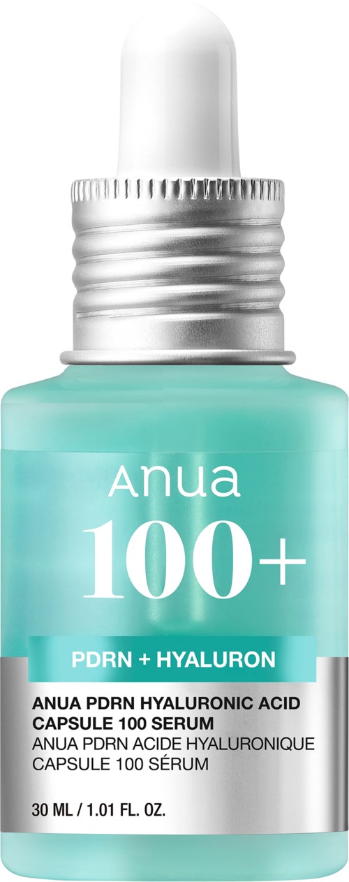 Lichtblauwe huidverzorgingsserumbottle met pipetdop gemarkeerd Anua 100+ PDRN + Hyaluronic Acid.