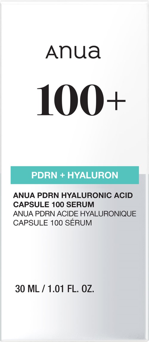 Dit is een label voor een huidverzorgingsproduct met Hyaluronzuurkapsels, genaamd Anua 100 plus, 30 ml.