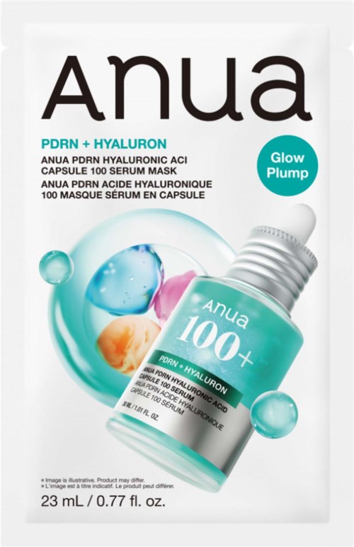 Pakning for Anua Hyaluron kapsel ansiktsserum med blå og orange design, viser produktnavn og nøkkelingredienser.