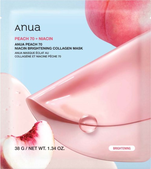Anua Peach 70 + Niacin kirkastava kollageen naamiohjelmasetin pakkauksen suunnittelu persikan ja pinkin sävyillä.