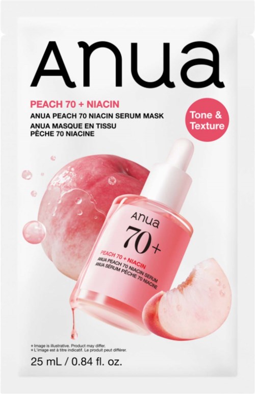 Serum mask in a pink bottle with peach and niacin ingredients, highlighting tone and texture benefits.