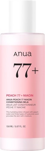 Een roze fles met Anua 77+ perzik en Niacin crème voor het hydrateren van de huid.
