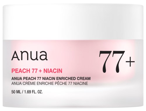 Een potje met Anua Peach 77+ Niacin verrijkte crème, roze en witte label, 50 ml, met zwarte, roze en zwarte tekst.