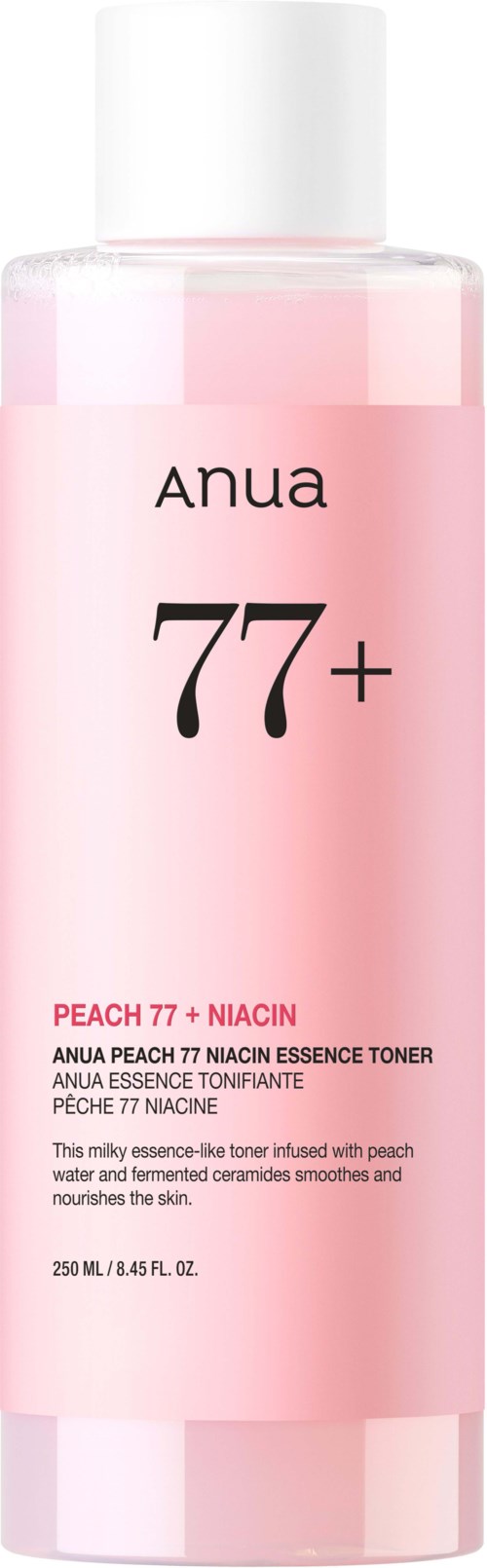 Roze fles met Anua 77+ Peach en Niacin essence toner met witte dop.