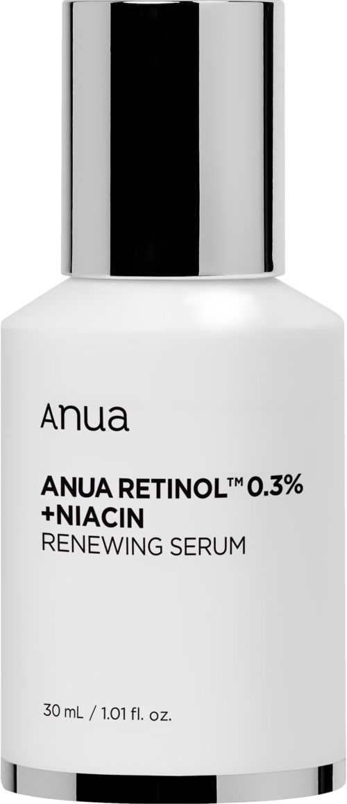 Een witte serumfles met een zilveren deksel, gemarkeerd 'Anua Retinol 0,3% + Niacin, Renewing Serum,' bevat 30 ml.