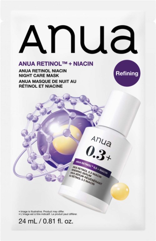 Packaging of Anua Retinol and Niacin night care mask with product image and ingredients illustration.