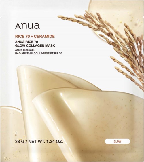 Förpackning för Anua Rice 70 och Ceramide Glow Collagen Mask, med veteillustrationer och produktdetaljer.