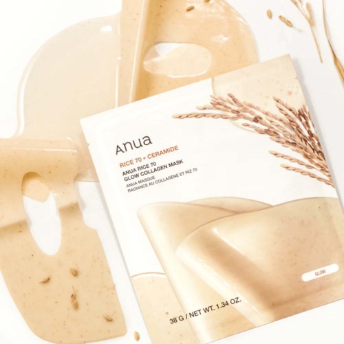 En Anua hudvårdsmaskpaket med veteillustrationer, visar produktnamn och ingredienser på en krämfärgad bakgrund.