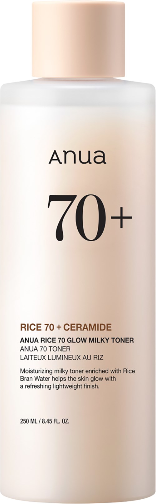 Een lange, witte fles met beige dop, gelabeld 'ANUA 70+ RICE 70 + CERAMIDE' voor huid toner.